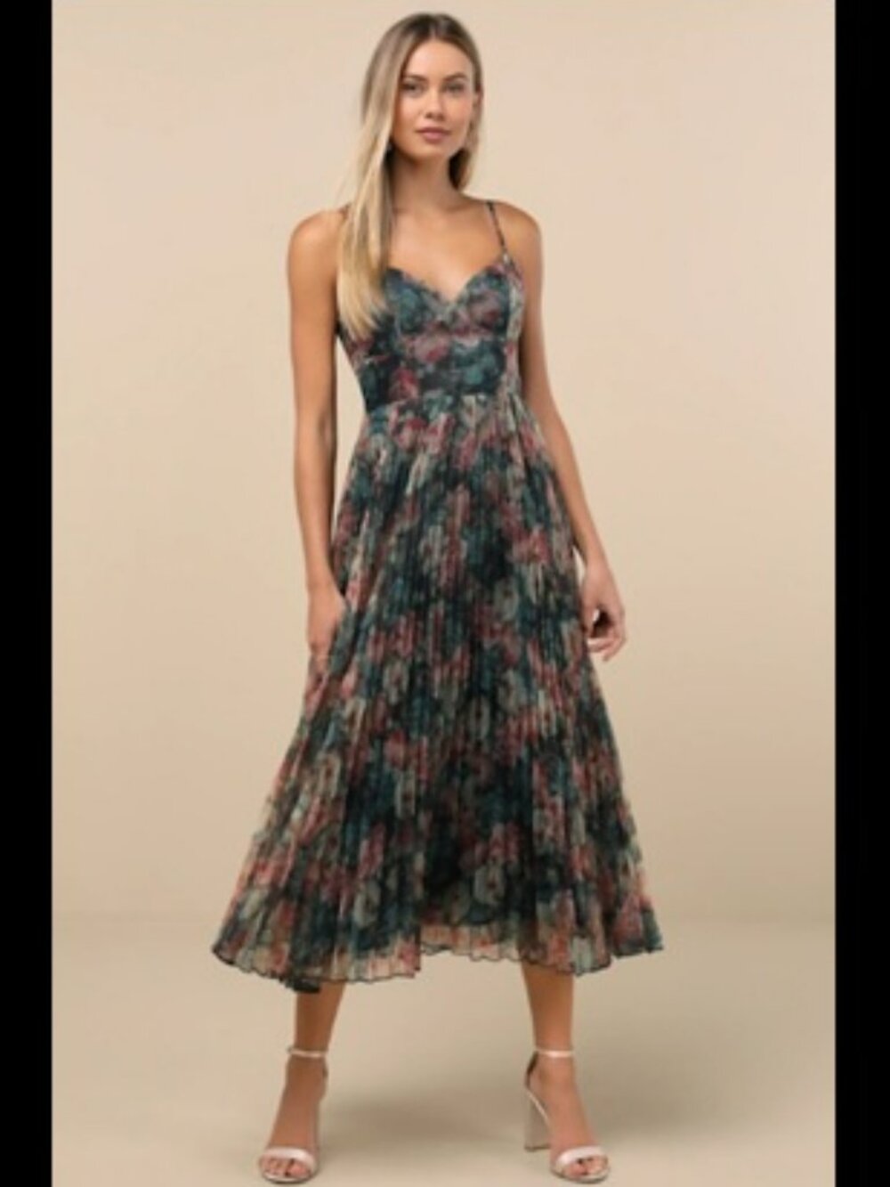 NWT Lulus Alondra Dark Green Multi Floral Pleated Midi Dress Sz L